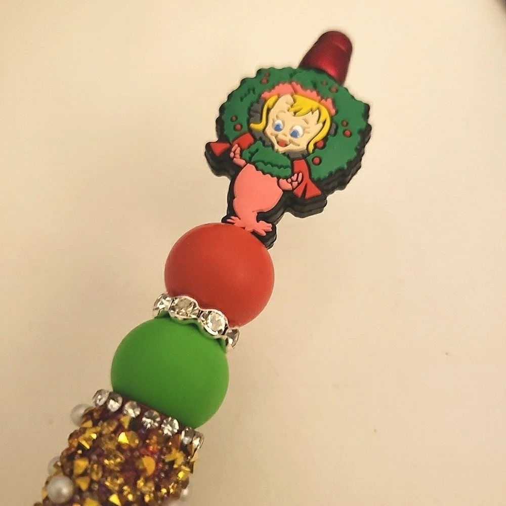Handmade The Grinch Cindy Lou Who Beaded Silicone Focal Bead Rhinestone Pen